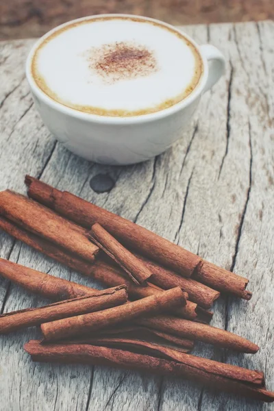 Café capuchino con palitos de canela — Foto de Stock