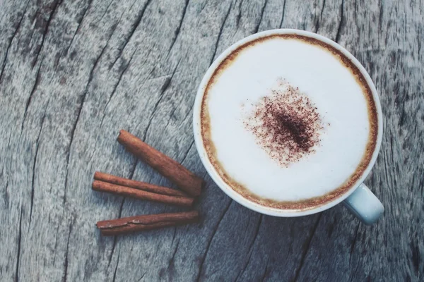 Cappuccino coffee with cinnamon sticks — Stock Photo, Image