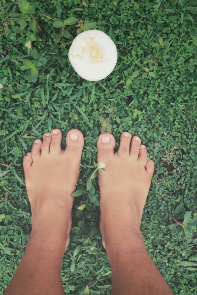 Pés com cogumelo na grama — Fotografia de Stock