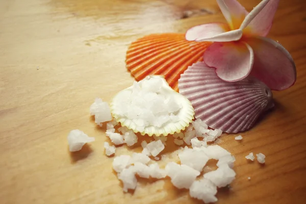 Спа набор скорлупы и соли с цветами — стоковое фото