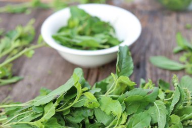 Köy tahtasında taze fesleğen yaprakları