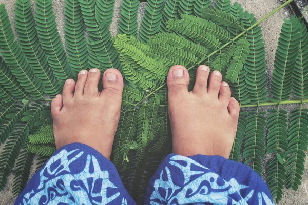 Selfie of feet on leaves — Stock Photo, Image