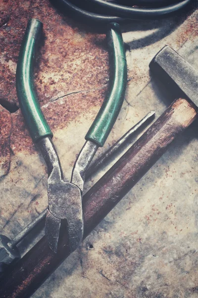 Set of tools wrench hammer and metal nail — Stock Photo, Image