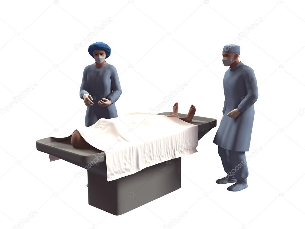 3d render of nurse and dead body in morgue