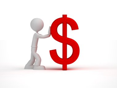 3D küçük adam itmek kırmızı dolar işareti