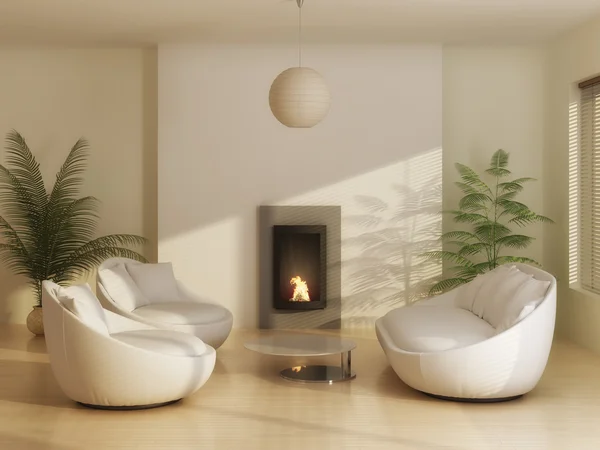 Neues modernes Wohnzimmer mit Sofas, Pflanzen, Kamin und Sonnenlicht — Stockfoto