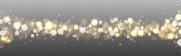 Bokeh Weihnachtsbanner. Luxus-Glitzereffekt auf transparentem Hintergrund. Gold defokussierte Lichter und glühende Teilchen. Festliche Textur mit isoliertem Sternenstaub. Vektorillustration — Stockvektor