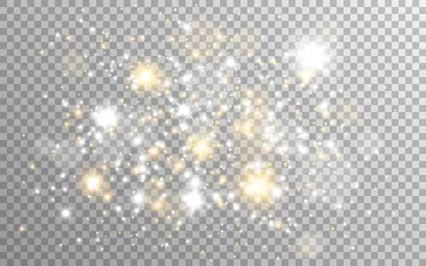 Gold und Silber glitzern auf transparentem Hintergrund. Weiße magische Lichter und Sternenstaub. Goldene Teilchen mit Sternen. Luxus-Lichteffekt. Festlicher Silberglanz. Vektorillustration — Stockvektor