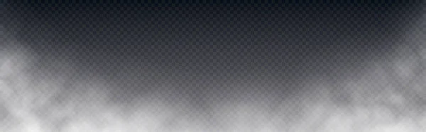 Fumo modelo longo. Nevoeiro branco ou nuvens sobre fundo transparente. Efeito de nevoeiro realista. Textura de névoa ou nuvem para cartaz, brochura ou site. Ilustração vetorial —  Vetores de Stock