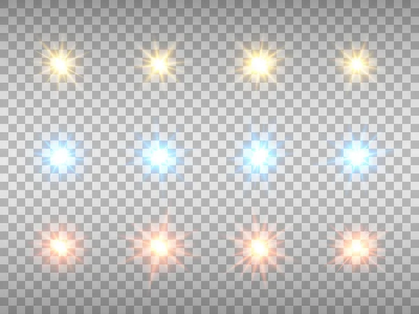 Glowing lights collection on transparent background. Color stars set. Abstract colorful flares. Christmas elements. Sparkling glare effects and rays. Vector illustration — Stock Vector