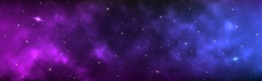 Geniş arkaplan. Parlayan yıldızlı gerçekçi bir evren. Yıldızlı Samanyolu ile uzun pankart. Sihirli yıldız tozu galaksisi. Renkli evren ve mor nebula. Vektör illüstrasyonu.