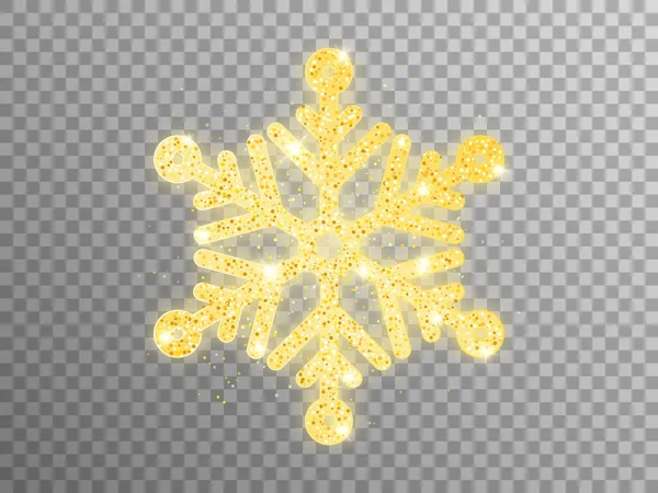 Goldene Schneeflocke auf transparentem Hintergrund. Weihnachten Schnee Element mit goldenem Glanz. Grußkarten-Vorlage. Luxus glühende Flocke mit hellem Puder. Vektorillustration — Stockvektor