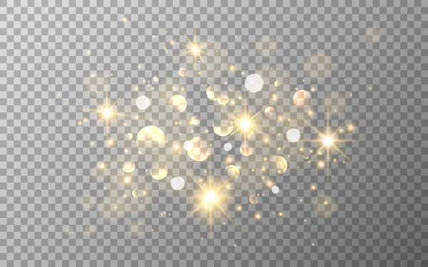 Lichteffekt. Goldglitzern und Bokeh auf transparentem Hintergrund. Luxuspartikel mit Sternenstaub. Magische Weihnachtskomposition. Besonderer Glanz für Plakate oder Werbung. Vektorillustration — Stockvektor