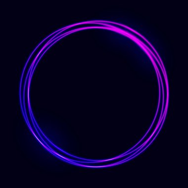 Neon daire tasarımı. Fütürist çerçeve etkisi. Canlı renk elementi. Parlayan halka şablonu. Mor elektrik ışığı. Müzik posteri ya da reklam için modern neon ilmek. Vektör illüstrasyonu