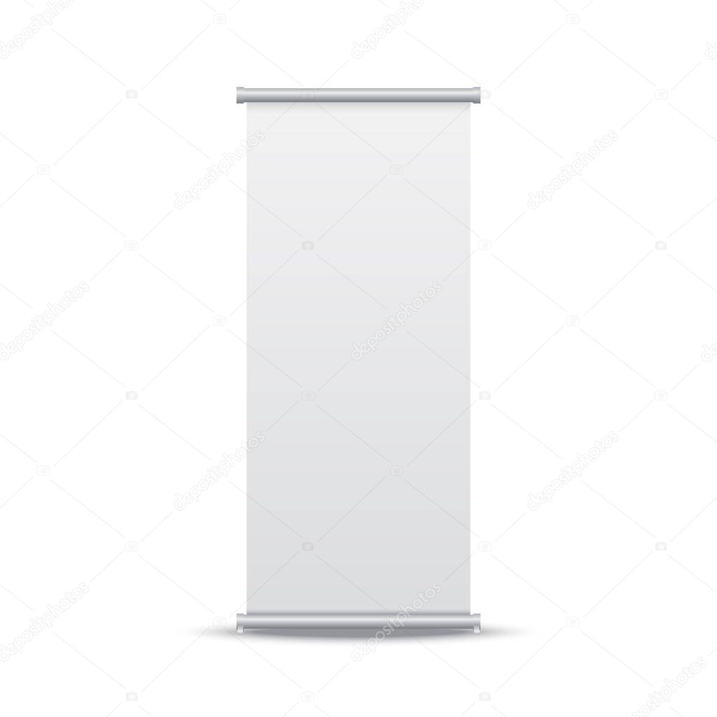 Roll up banner. Vertical stand mockup on white backdrop. Template for presentation or exhibition. Blank ad space. Business event banner. Vector illustration.