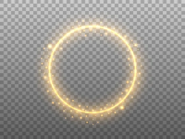 Cercle d'or sur fond transparent. Effet anneau lumineux avec des paillettes. Cadre rond en or et poussière d'étoile magique. Élément festif avec des éléments scintillants. Illustration vectorielle — Image vectorielle
