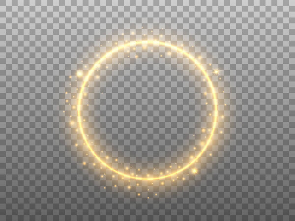 Golden circle on transparent backdrop. Glowing ring effect with glitter. Round gold frame and magic stardust. Festive element with glittering elements. Vector illustration