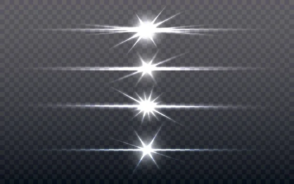 Σετ λαμπάκια. Ασημί λαμπερό φως σε διαφανές φόντο. Συλλογή φωτεινών αστεριών. Οπτικό εφέ λάμψης ήλιου. Συλλογή λαμπερών στοιχείων για διαφήμιση. Εικονογράφηση διανύσματος — Διανυσματικό Αρχείο