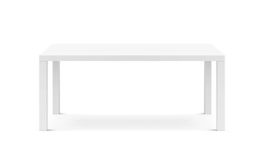 Masanın beyaz modeli. Yumuşak gölgeli modern 3D masa. İç dizayn şablonu. Sunum ya da reklam için gerçekçi ve temiz bir nesne. İzole edilmiş platform. Vektör illüstrasyonu.