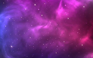 Uzay arkaplanı. Parlak mor kozmos. Sihirli yıldız tozu ve parlayan yıldızlar. Renkli nebula ve Samanyolu. Gerçekçi mavi galaksi. Güzel dış uzay. Yıldızlı evren. Vektör illüstrasyonu.