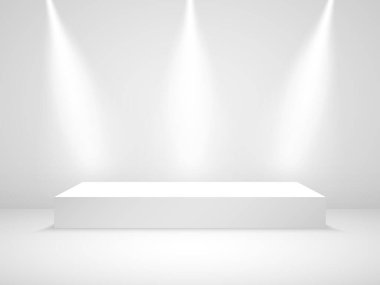 Beyaz podyum modeli. Işıklı stüdyo odası. Sahne ışıklarıyla ödül sahnesi. Tepeden tırnağa boş. Tören için 3D platform. Işık efektli dikdörtgen sahne. Vektör illüstrasyonu