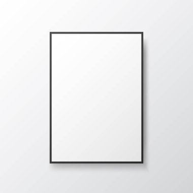 Poster modelleme çerçevesi. Işık duvarında beyaz bir boşluk. Siyah çerçeveli fotoğraf şablonu. Yumuşak gölgeli izole bir tablo. Boş çarşaf kapat. Vektör illüstrasyonu
