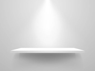 Beyaz raf modeli. Sahne ışıklarıyla gerçekçi bir kitaplık. Beyaz arkaplanda boş raf şablonu. Rafları temizleyin. Ev içi nesne. Vektör illüstrasyonu