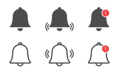 Çan simgesi koleksiyonu. Tebligat zili kuruldu. Gelen mesaj sembolü. Telefon başvurusu uyarısı. Web sitesi ya da uygulama için alarmlı saat. Vektör illüstrasyonu.