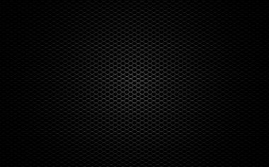 Metal ağ. Siyah delikli doku. Karbon arkaplan ve eğimli ışık. Koyu metal levha. Hücreli çelik tabak. Fütürist malzeme. Vektör illüstrasyonu