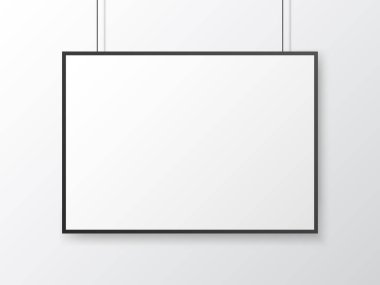 Poster maketi yatay. Çerçeveli beyaz boşluk. Işık duvarında boş bir çarşaf. Siyah kenarlı fotoğraf şablonu. Yumuşak gölgeli izole bir tablo. Vektör illüstrasyonu