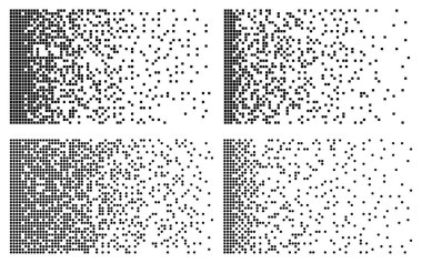 Parçalanma görselleştirme koleksiyonu. Büyük veri teknolojisi. Makine öğrenme konsepti. Soyut piksel mozaiği. Geleceğin teknolojisi. Siyah beyaz pikseller. Vektör illüstrasyonu
