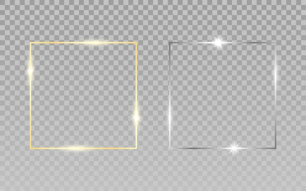 Altın gümüş kareler. Şeffaf arkaplanda lüks çerçeveler. Tebrik kartı ya da davetiye için düğün malzemeleri. Gerçekçi parlak sınırlar. Vektör illüstrasyonu — Stok Vektör