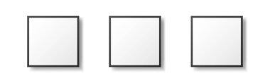 Three black frames. Square picture mockups. Isolated photo templates. Realistic empty posters with soft shadow. Art gallery template. Vector illustration