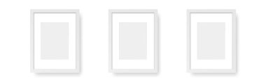 White vertical frames. Wall photos on white backdrop. Three empty mockups. Interior design elements. Wooden pictures set with soft shadow. Vector illustration