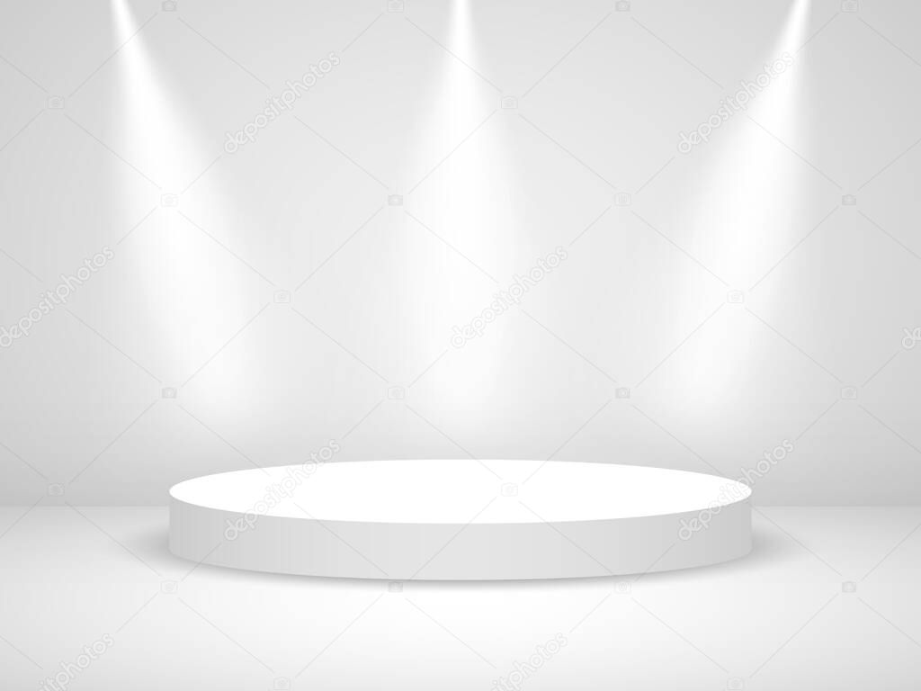 Podium round with light. White realistic stage with spotlights. illuminated circle with shadow. White 3d pedestal or presentation platform. Vector illustration