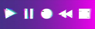 Arıza düğmeleri ayarlandı. Çal, dur, dur, geri sar. Dijital oynatma tuşları. Soyut modern elementler. Pankart, poster ya da web sitesi için çarpıtılmış stereo şekiller. Vektör illüstrasyonu