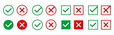 Onaylandı ve reddedildi. Beyaz arka planda yeşil ve kırmızı semboller. Web tasarımı veya uygulama için doğru ve yanlış notlar. Çember ya da kare işaretleri. Vektör illüstrasyonu