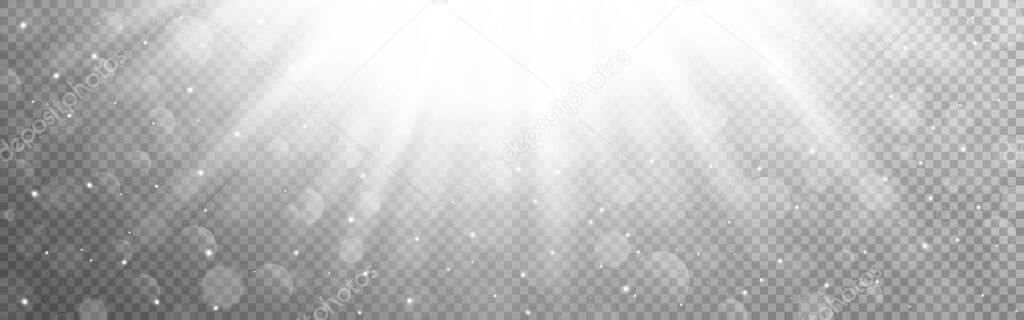 White lights. Light ray effect on transparent background. Realistic sunlight. Morning light with bright beams and bokeh. Vector illustration