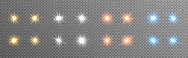 Glowing lights set. Color stars on transparent backdrop. Bright flares collection. Sparkling Christmas elements. Festive effects and rays. Vector illustration — Stock Vector
