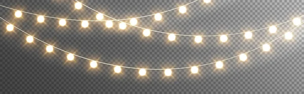 Christmas lights. Realistic garlands on transparent backdrop. Bright glowing elements. Light bulbs for greeting card, poster or web. Vector illustration — Stock Vector