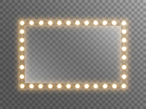 Make-up zrcadlo se světlem. Oblékací zrcadlo se zářivými žárovkami. Obdélníkové sklo s reflexí pro plakát, brožuru nebo web. Osvětlený rám na průhledném pozadí. Vektorová ilustrace — Stockový vektor