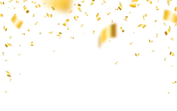 Konfetti auf weißem Hintergrund. Realistisches Weihnachtskonfetti. Fallende gelbe Elemente. Fliegendes, glänzendes Lametta. Jubiläumsvorlage für Grußkarte oder Webseite. Vektorillustration — Stockvektor