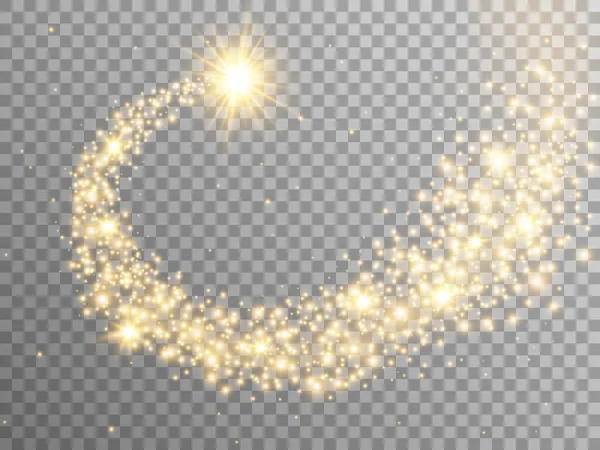Altın yıldız spirali. Şeffaf arkaplanda Noel ışıltısı. Altın tozuyla parıldayan sihirli yıldız. Tebrik kartı, poster ya da ağ için girdap ışığı efekti. Vektör illüstrasyonu