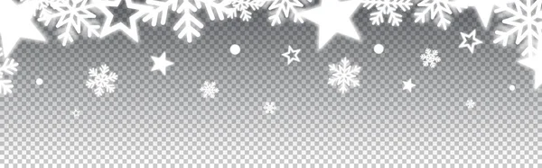 Χριστουγεννιάτικη διακόσμηση. Ασημένια λαμπερά στοιχεία Λευκά αστέρια και νιφάδες χιονιού σε διαφανές φόντο. Γιορτινό πλαίσιο για ευχετήρια κάρτα ή αφίσα. Εικονογράφηση διανύσματος — Διανυσματικό Αρχείο