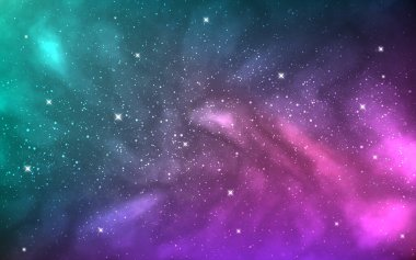 Kozmos dokusu. Parlak yıldızlı renkli bir galaksi. Parlayan yıldız tozuyla dolu bir arkaplan. Renkli bulutlarla kozmik fantezi. Derin kainat duvar kağıdı. Vektör illüstrasyonu