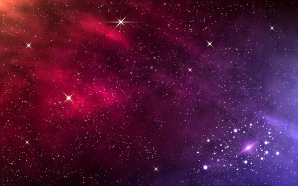 Fundo espacial. Universo realista com galáxia espiral. Nebulosa de cor brilhante. Cosmos de cor com planeta e estrelas. Textura estrelada roxa. De uma forma mágica leitosa. Ilustração vetorial — Vetor de Stock