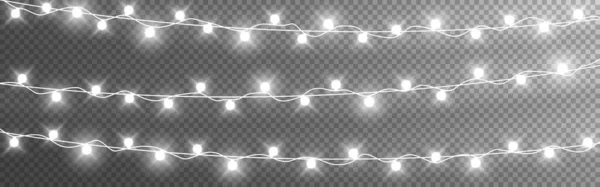 クリスマスライトの文字列。透明な背景に銀のガーランド。ポスター用の発光電球。グリーティングカードのための現実的な輝く要素。ベクターイラスト — ストックベクタ