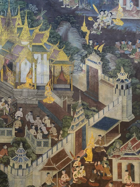 Thailändska väggmålning på templet vägg — Stockfoto