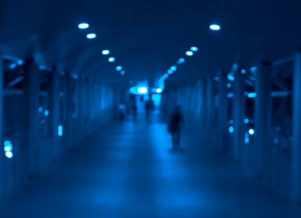 Blur Abstract Background City Passage People Walking Night Illuminated Blue — Stock Photo, Image