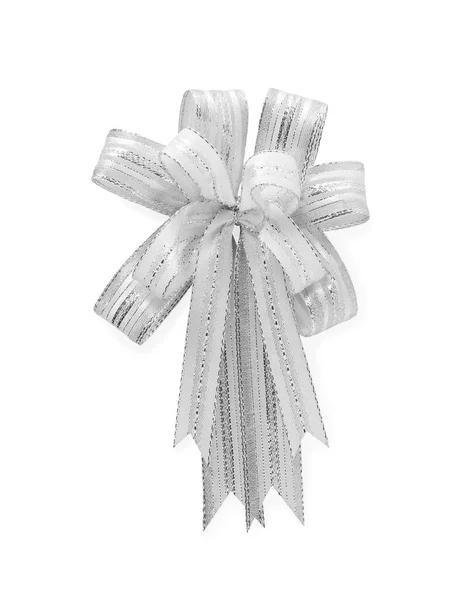 Witte Zilveren Satijnen Strik Geïsoleerd Witte Achtergrond Cadeau Wikkeling Zijde — Stockfoto